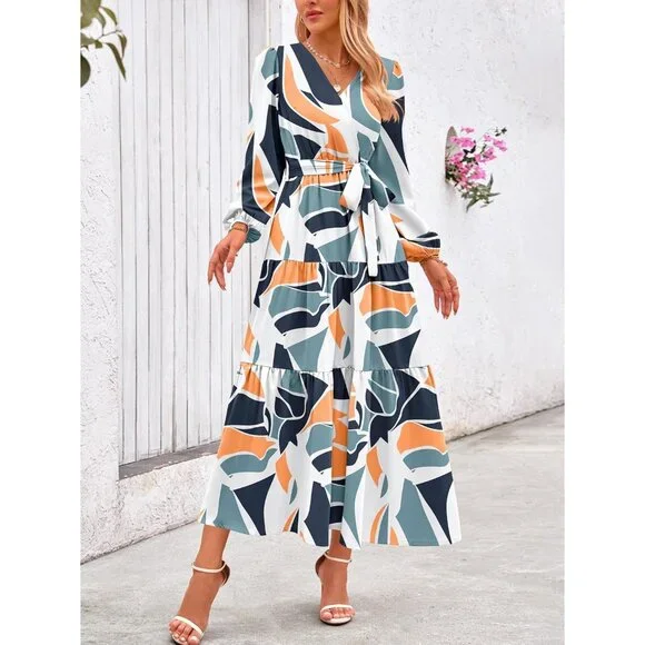 PrettyGarden Women Navy Geometry Polyester V Neck Long Sleeve Floral Maxi Dress - Picture 2 of 5